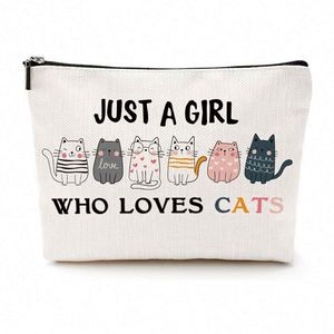 Divertida Bolsa de Maquillaje con Diseño de Gato, Regalos para Amantes de los Gatos, Bolsa de Cosméticos de Lona con Logotipo Personalizado, Bolsa de Aseo con Cierre para Niñas - Product Image 1
