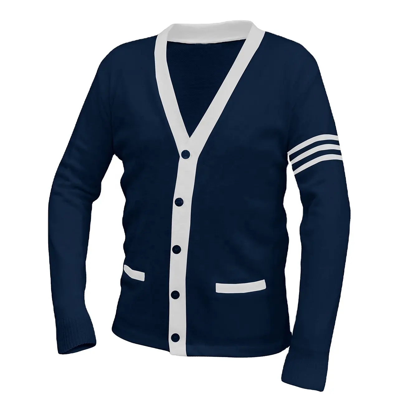 2022 Vigour Fall Winter Customize Men Classic Long Sleeve Uniform Color Block Knit Sweater Button V Neck Unisex Cardigan Sweater
