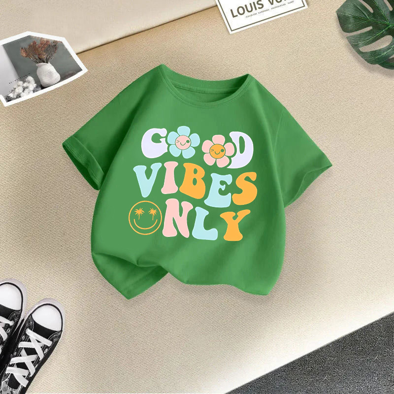 Grass-green t-shirt with two smiling-face flowers