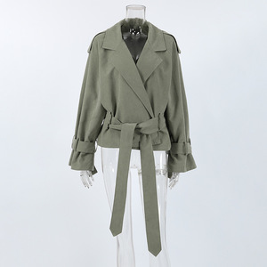 Jxwatcher Spring Autumn Fashion Cropped Double Breasted Button Windbreaker <strong>Coat</strong> Long Sleeves Belted <strong>Trench</strong> <strong>Coat</strong> Short for <strong>Women</strong> - Product Image 3