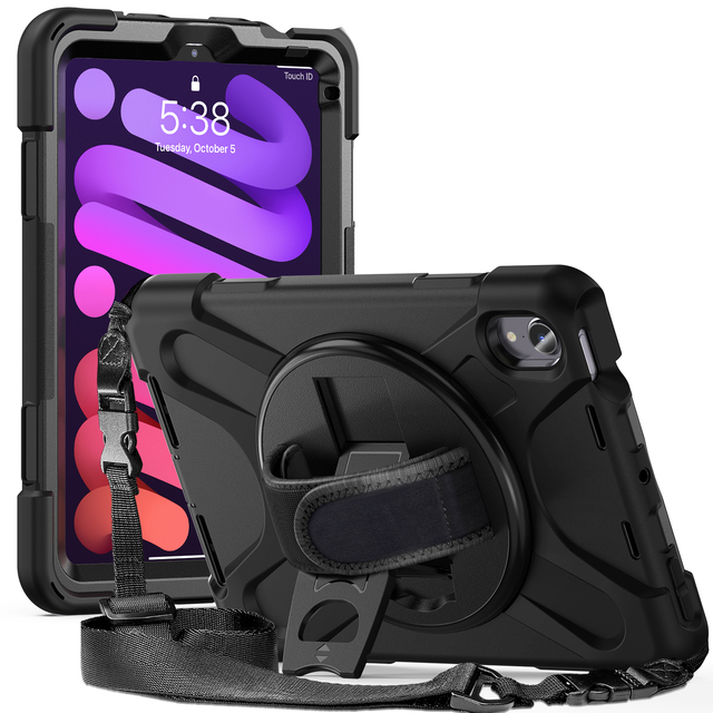 Armored Rugged Shockproof Stand Holder Tablet Case for iPad Mini 6 Mini 7 A17 Pro with Shoulder Strap Palm Band