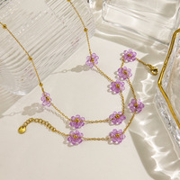 Ensemble collier et bracelet en acier inoxydable anti-ternissement, motif fleur violette, fait main, bijoux fantaisie