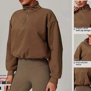 Nouveau sweat-shirt à capuche court pour femme, tissé, à manches longues, col montant, imprimé avec logo frontal, pour le fitness, la course et l'entraînement - Product Image 3