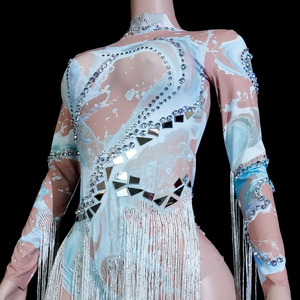Exclusivo Body de Spandex/Algodón con Estampado de Tinta Acuática y Pedrería, Cuello Alto, Vestido de Baile con Flecos Largos, Ropa Profesional para Espectáculos - Product Image 5