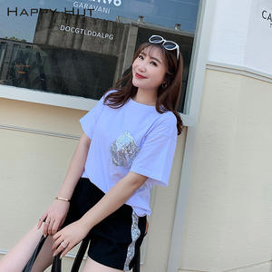 Happy Hut Ensemble deux pièces pour femme, t-shirt à paillettes avec poches et short noir, grande taille, N7049 - Product Image 3