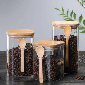 Tarro de almacenamiento de especias de cocina con cuchara de madera, contenedor de almacenamiento de alimentos de vidrio, botella dispensadora de granos con tapa hermética - Product Image 2