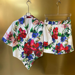 Womens Floral Print Two Piece Outfit Short Sleeve Button <b>Down</b> Shirt And Shorts Set - Product Image 5