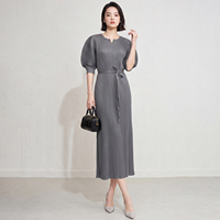 En stock, robe midi plissée élégante pour femme, à manches bouffantes, col montant, ceinturée, en crêpe tissé infroissable, taille unique, pour le bureau et les soirées