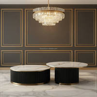 Table basse moderne avec plateau en pierre frittée, cadre en bois noir et acier inoxydable doré pour salon, avec rangement