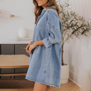 Camiseta personalizada Sidefeel informal para mujer Vestido vaquero hasta la rodilla Oem Smocked 3 4 manga botón abajo Jeans camiseta <span class=keywords><strong>vestidos</strong></span> para mujer - Product Image 3