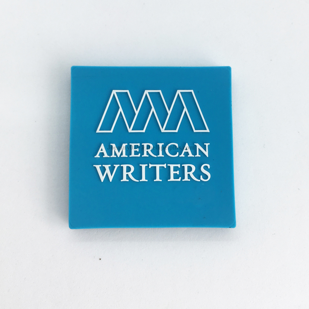 Custom blue square shape 3D embossed white logo soft pvc fridge magnet