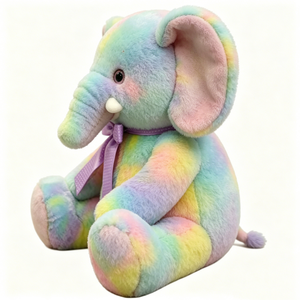 Elefante de peluche suave y peludo de colores arcoíris con grandes orejas rosas y pequeños incisivos blancos. - Product Image 1