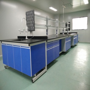 Banco central de laboratorio con marco de acero, mesa de isla, gabinete de madera - Product Image 3