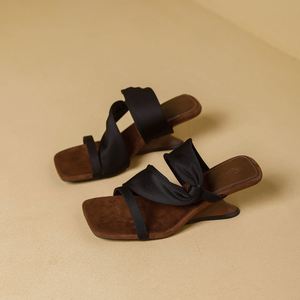 2026 Summer New French Satin square Toe <b>Block</b> Heel Slides Open Toe slip on Elegant Women Outdoor Sandals - Product Image 6