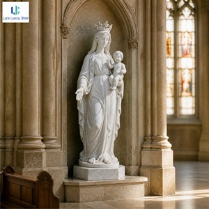 Statua di <span class=keywords><strong>Madonna</strong></span> con Bambino in Marmo Bianco Naturale Luca, Scultura Religiosa Intagliata a Mano per Altare di Chiesa, Santuario, Cappella, Culto - Product Image 3