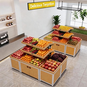Expositor de Frutas Ajustable de Doble Cara y Alta Resistencia con Marco Metálico Blanco y Gabinete de Madera para Productos Agrícolas - Product Image 1