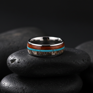 THX Jewelry 8MM Domed Tungsten <strong>Wedding</strong> Band <strong>Ring</strong> with Channel Set Turquoise and Deer Antler <strong>Wood</strong> Unisex Style - Product Image 5