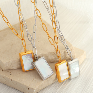Minimalist Seashell Pendant Necklace Gold Silver Geometric Square Bezel Setting <b>Titanium</b> Steel <b>Chain</b> Gift Jewelry XL63 - Product Image 1