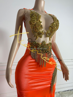 Ocstrade Chaîne Gland Moulante Robe de Soirée pour Femmes Or Strass Corsage Applique Longue Formelle Robes De Bal Femmes Dame Élégante