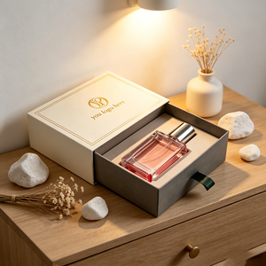 Boîte coulissante en carton personnalisée, beige et gris, impression de logo en feuille d'or, emballage cadeau de luxe pour parfum - Product Image 3