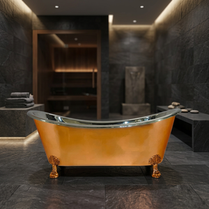 Bañera de Lujo Independiente de Cobre Ovalada con Patas, Acabado Cepillado, para Baño en Casa u Hotel - Artesanía India - Product Image 1