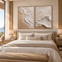 Lot de 2 tableaux en toile 3D relief beige sable, motif vague océanique, diptyque pour décoration de spa, hôtel, chambre et salon