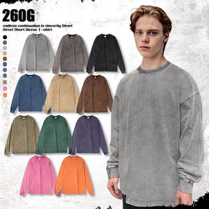 260g Pure Cotton Solid Vintage Aged Wash Threaded <strong>Cuffs</strong> Oversized Long-sleeved T-shirt Neutral -the-shoulder Base - Product Image 1