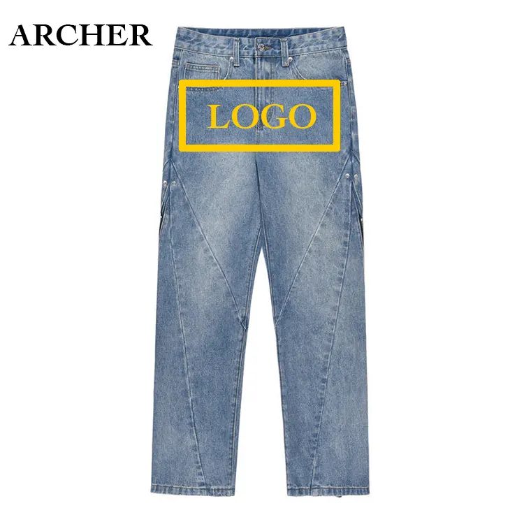 2022 Blue Jeans benutzer definierte Logo neue ausgestellte Hosen Vintage Herren lässig baggy gerade Bein Seite Reiß verschluss Cargo hose ausgestellt Jeans Männer