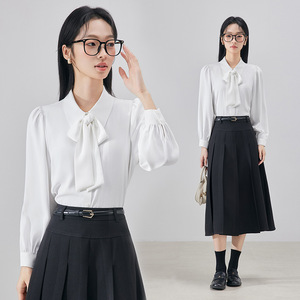 Women's White Long Sleeve Chiffon Shirt With <b>Tie</b> Neck Work Blouse Spring Autumn Formal Top Solid Color <b>Polyester</b> - Product Image 1