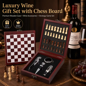Coffret Cadeau Luxe 2-en-1 Échecs et Vin – Kit Complet d'Outils à Vin et Pièces d'Échecs – Cadeau Unique pour Anniversaire ou Anniversaire <span class=keywords><strong>de</strong></span> Mariage - Product Image 2