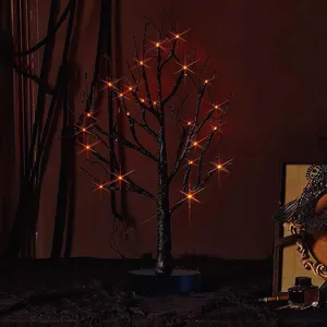万圣节桌树装饰24LED橙灯18英寸高鬼黑树带定时器DIY发光二极管节日灯