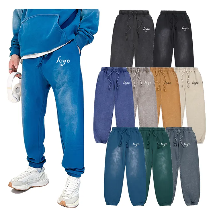 new trend 100% cotton 380g heavyweigt washed sweatpants streetwear french terry track pants men