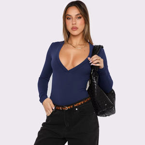 Personnalisé Sexy <span class=keywords><strong>Décolleté</strong></span> <span class=keywords><strong>Plongeant</strong></span> Nylon Stretch Tissu Manches Longues Femmes Tricoté Y2K Blanc Top - Product Image 3