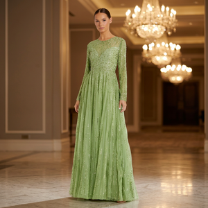 Robe de soirée longue en mousseline de soie faite à la main, col rond, coupe trapèze, manches longues, pour femme, style confortable et élégant - Product Image 4