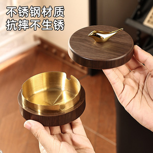 Retro Solid Wood Stainless Steel Ashtray With Lid Round Design For Home Office Living Room <b>Coffee</b> <b>Table</b> - Product Image 2