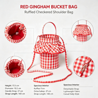 Tas Selempang Wanita Motif Kotak-kotak Merah Putih dengan Ruffle, Bahan Kanvas, Tali Lepas Pasang, Tas Bahu Lucu untuk Sehari-hari