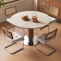 Table Ronde de Luxe Rétro avec Pieds en Bois, Plateau en Marbre Noir, 4 à 6 Places, Idéale pour Petit Bistro ou Restaurant