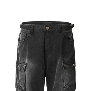 Quần jeans baggy ống loe nam màu đen, giặt enzyme, thiết kế riêng, phong cách Y2K Hip Hop đường phố, mùa xuân thu, có khuy cài. - Product Image 4