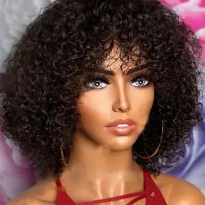 Machine Made Curly Bob With Bang Wig Raw 100% Human Hair Machine Made Curly Bob With Bangs Non Lace Wig For Black Women Vendor