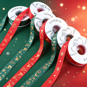 Cinta Navideña SEEWIN con Diseño Personalizado, Rollo de Satén de Poliéster con Estampado Dorado, 25 mm x 50 Yardas, Embalaje Ecológico para Cajas Navideñas - Product Image 3