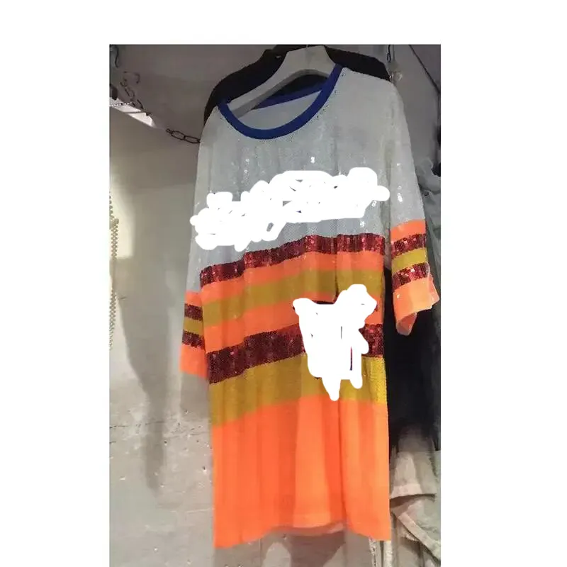 Vestido de lantejoulas com logotipo personalizado de fábrica na China, camisa de futebol, beisebol e basquete, camisa longa de lantejoulas Bling, vestidos femininos
