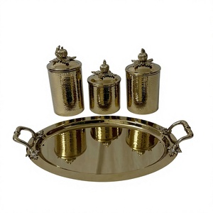 Ensemble de boîtes en métal martelé doré avec couvercle et plateau de service pour le rangement des épices de cuisine, style vintage, bocaux artisanaux pour aliments secs - Product Image 1