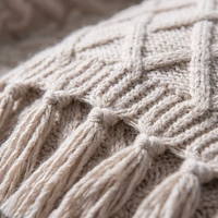 Couverture en tricot torsadé crème avec pompons pour canapé-lit, tissage texturé doux classique pour plaids décoratifs bohèmes avec franges