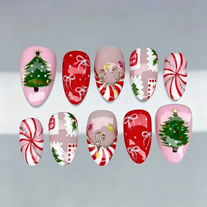 30 faux ongles de Noël à presser, motif amande, avec sapin de Noël et nœud doré, style français, manucure festive pour les fêtes, très demandés - Product Image 1