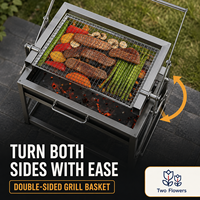 Barbecue au charbon de bois portable moderne avec panier à retourner double face en acier inoxydable et grille amovible pour le camping en plein air et l'utilisation sur la terrasse