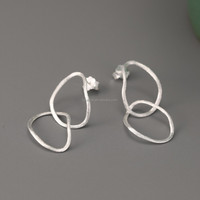 Lotus Fun Boucles d'oreilles pendantes minimalistes irrégulières à double anneau, faites à la main en argent 925, boucles d'oreilles longues abstraites, bijoux tendance