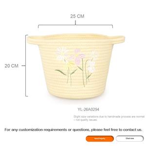 Panier de rangement <span class=keywords><strong>en</strong></span> corde de coton jaune avec broderie florale, poignées intégrées, pliable, pour chambre d'enfant, rangement de jouets, personnalisable - Product Image 3
