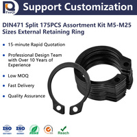 Panqi DIN471 Split 175PCS Assortment Kit M5-M25 Sizes Retaining Ring 40-55Hrc Black Oxide 65Mn Steel Shaft