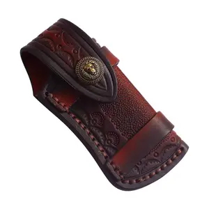 Hand Made Carved Cow Leather Sheath For Outdoors Folding Knife Pocket knife Cover Pouch Belt Clip