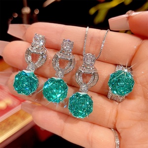 Factory Wholesale Eco-friendly Copper 12*12mm Paraiba Green Zircon Pendant <b>Earrings</b> Ring Jewellery <b>Set</b> for Women - Product Image 5